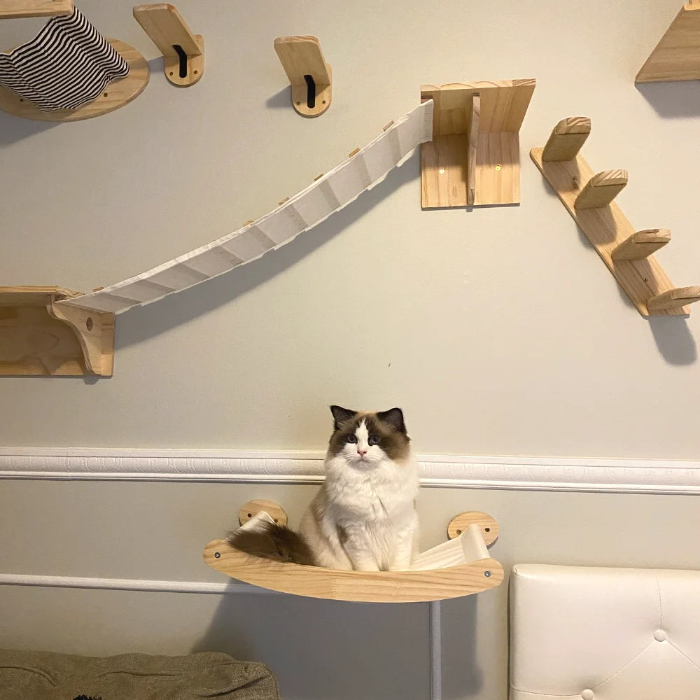 Wooden Cats Tree Wall-Mounted Cat Climbing Shelves Scratching Post Cat Hammock House Steps and Jumping Platform Pet Furniture