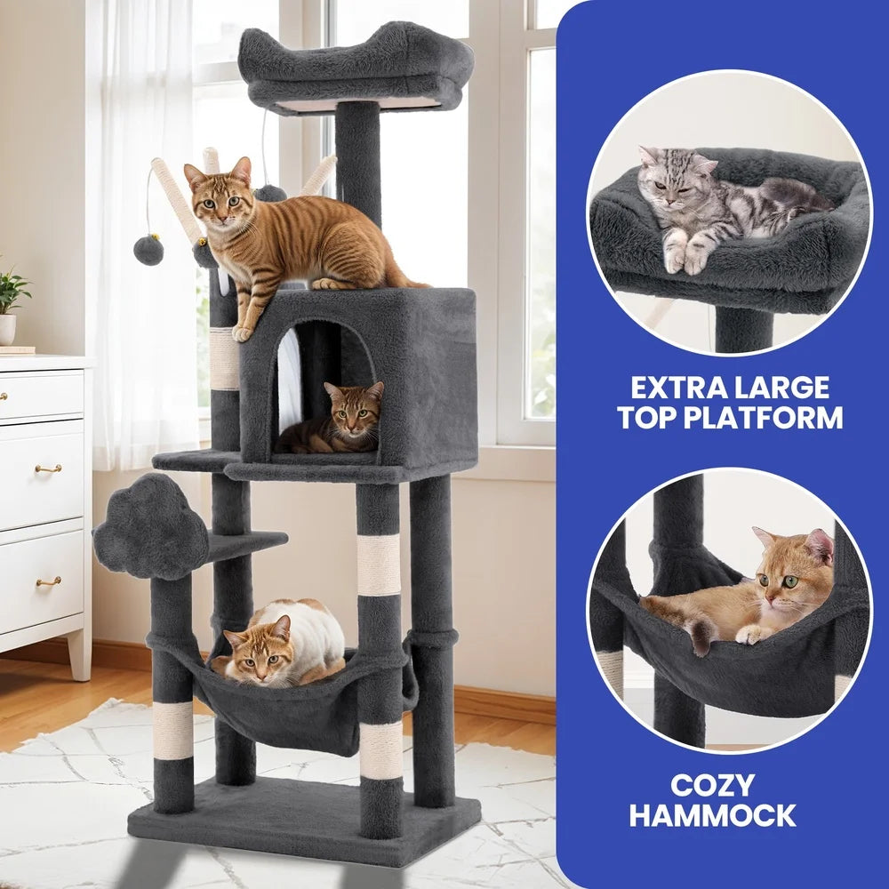 Multi-Level Cat Tree Tower 44in Indoor Cat Condo with Scratch Posts Hammock Plush Velvet Scratching Posts Cozy Playground