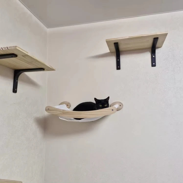 Wooden Cats Tree Wall-Mounted Cat Climbing Shelves Scratching Post Cat Hammock House Steps and Jumping Platform Pet Furniture