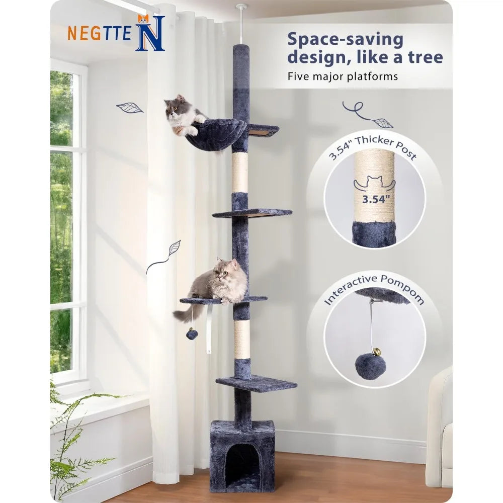 Floor to Ceiling Cat Tree, 5-Tier Height (95-109 inches) - Adjustable Cat Climbing Tower with Sisal Scratching Posts, Cat Condo,
