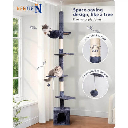 Floor to Ceiling Cat Tree, 5-Tier Height (95-109 inches) - Adjustable Cat Climbing Tower with Sisal Scratching Posts, Cat Condo,