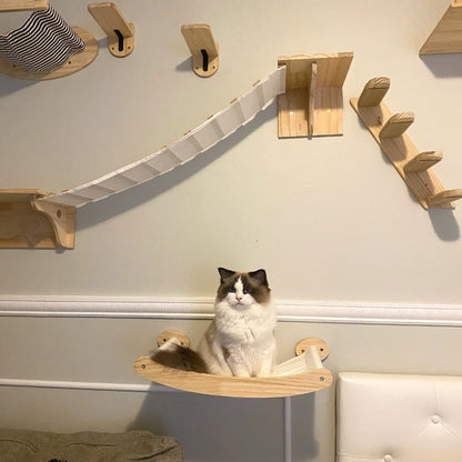Wooden Cats Tree Wall-Mounted Cat Climbing Shelves Scratching Post Cat Hammock House Steps and Jumping Platform Pet Furniture