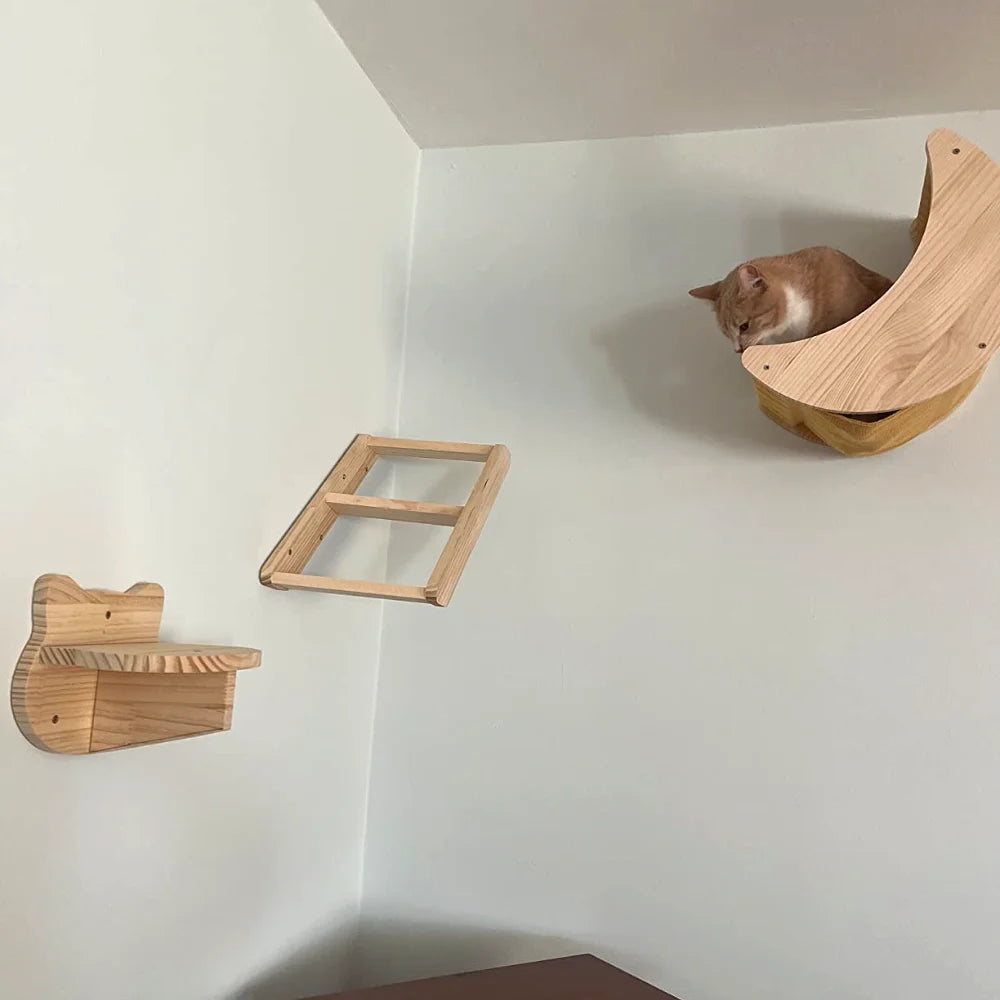Wooden Cats Tree Wall-Mounted Cat Climbing Shelves Scratching Post Cat Hammock House Steps and Jumping Platform Pet Furniture