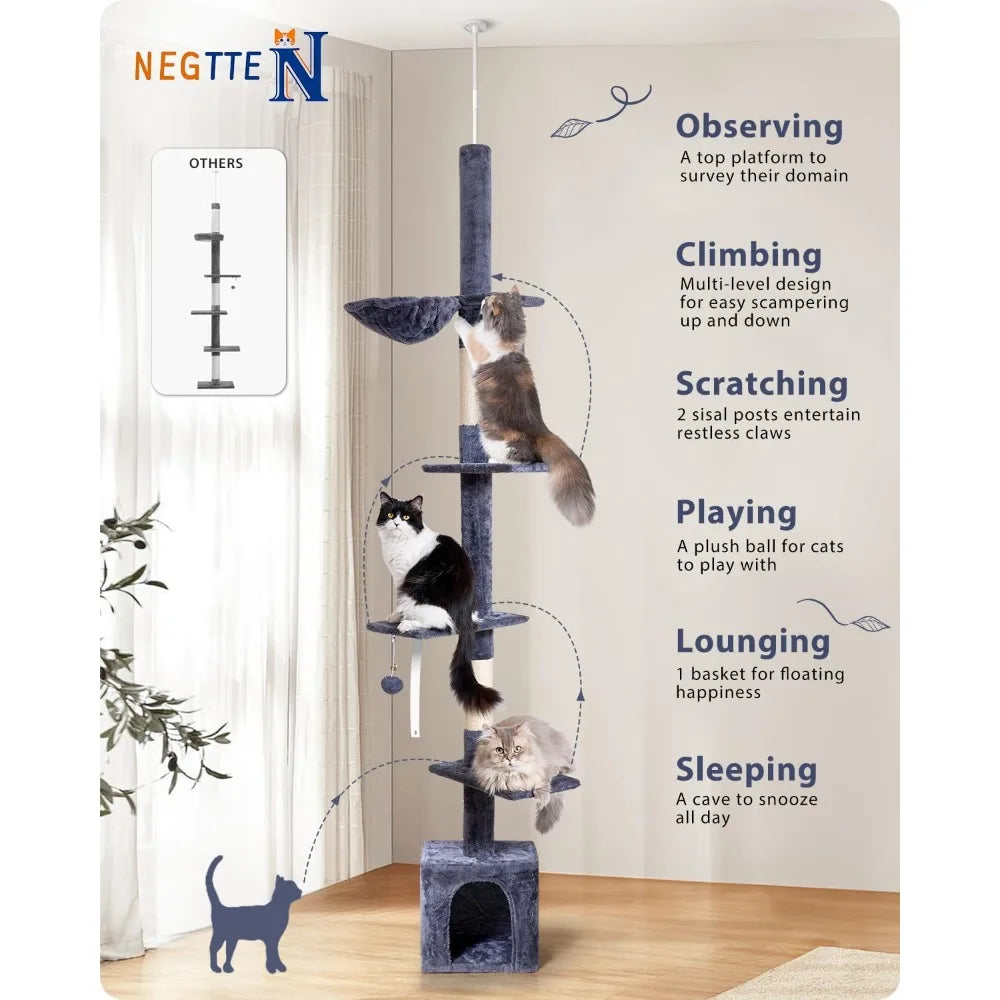 Floor to Ceiling Cat Tree, 5-Tier Height (95-109 inches) - Adjustable Cat Climbing Tower with Sisal Scratching Posts, Cat Condo,