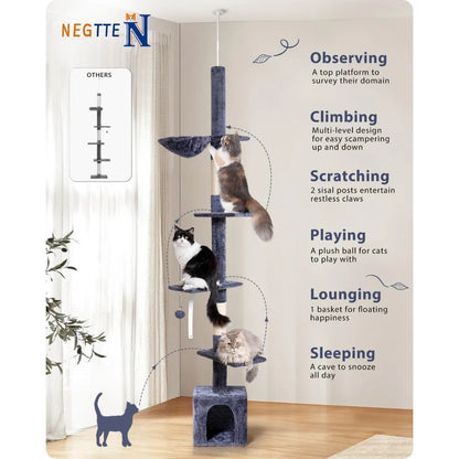 Floor to Ceiling Cat Tree, 5-Tier Height (95-109 inches) - Adjustable Cat Climbing Tower with Sisal Scratching Posts, Cat Condo,