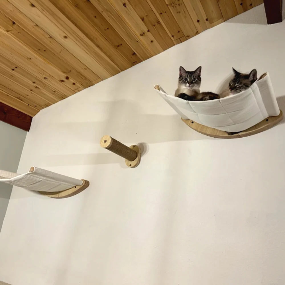 Wooden Cats Tree Wall-Mounted Cat Climbing Shelves Scratching Post Cat Hammock House Steps and Jumping Platform Pet Furniture