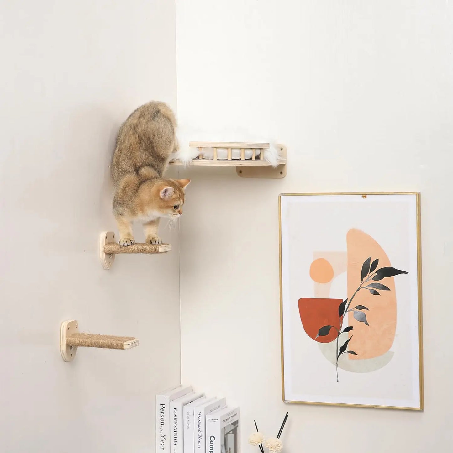 Wooden Cats Tree Wall-Mounted Cat Climbing Shelves Scratching Post Cat Hammock House Steps and Jumping Platform Pet Furniture