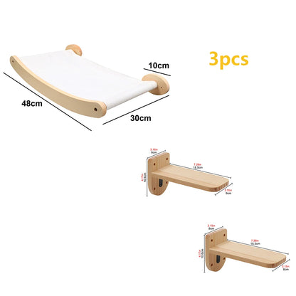 Wooden Cats Tree Wall-Mounted Cat Climbing Shelves Scratching Post Cat Hammock House Steps and Jumping Platform Pet Furniture